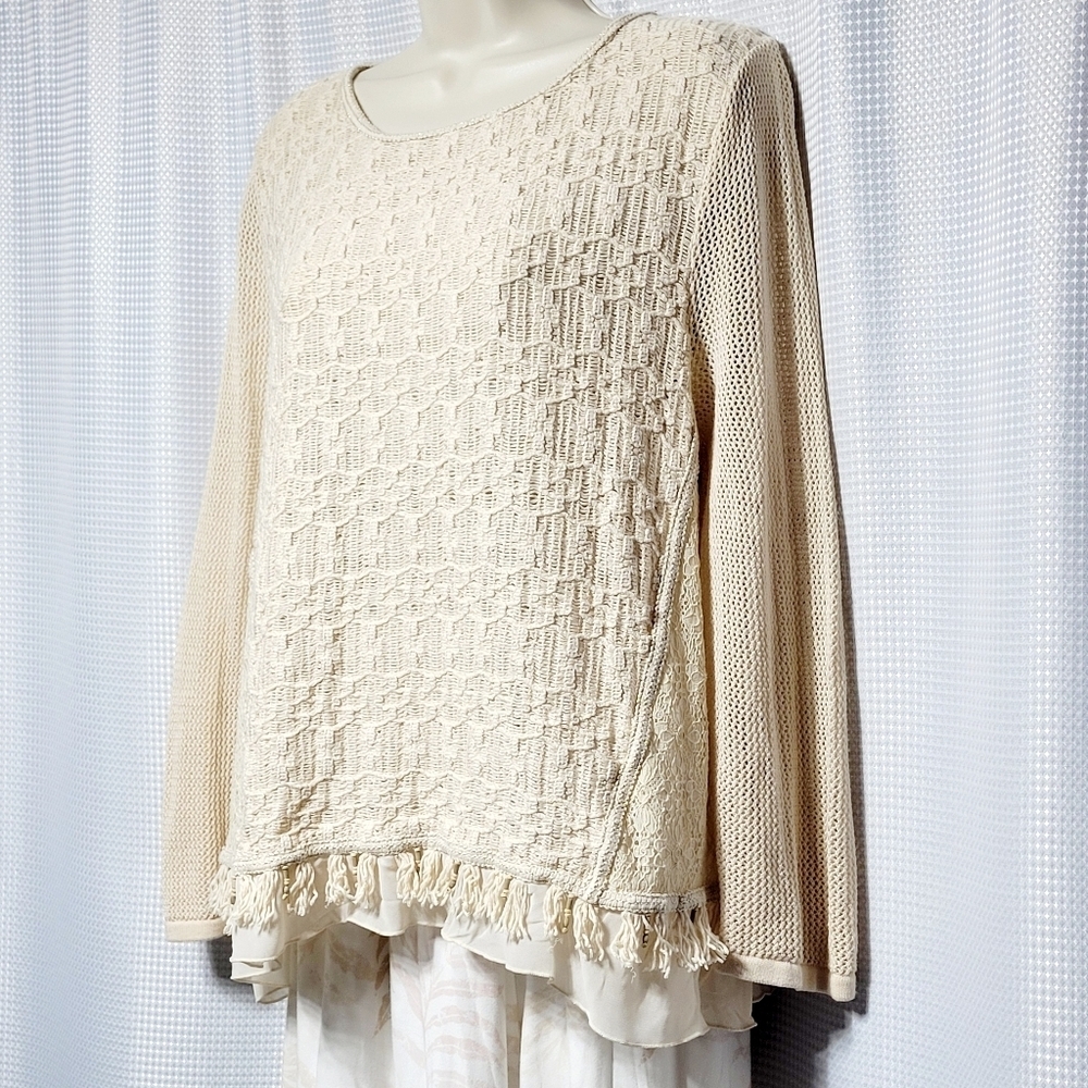 Ecru Lace Crochet Fringe Beads Ruffle Pop Over Top Women's (Chico's 3 / US L)